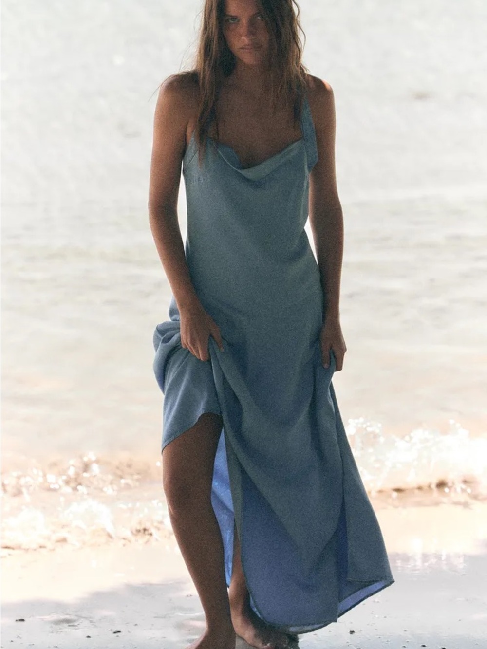 Zara Light Blue Draped Beach Slip Coverup